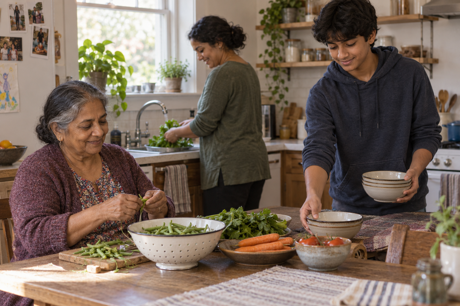 Two adults share meal preparation with an older family member.