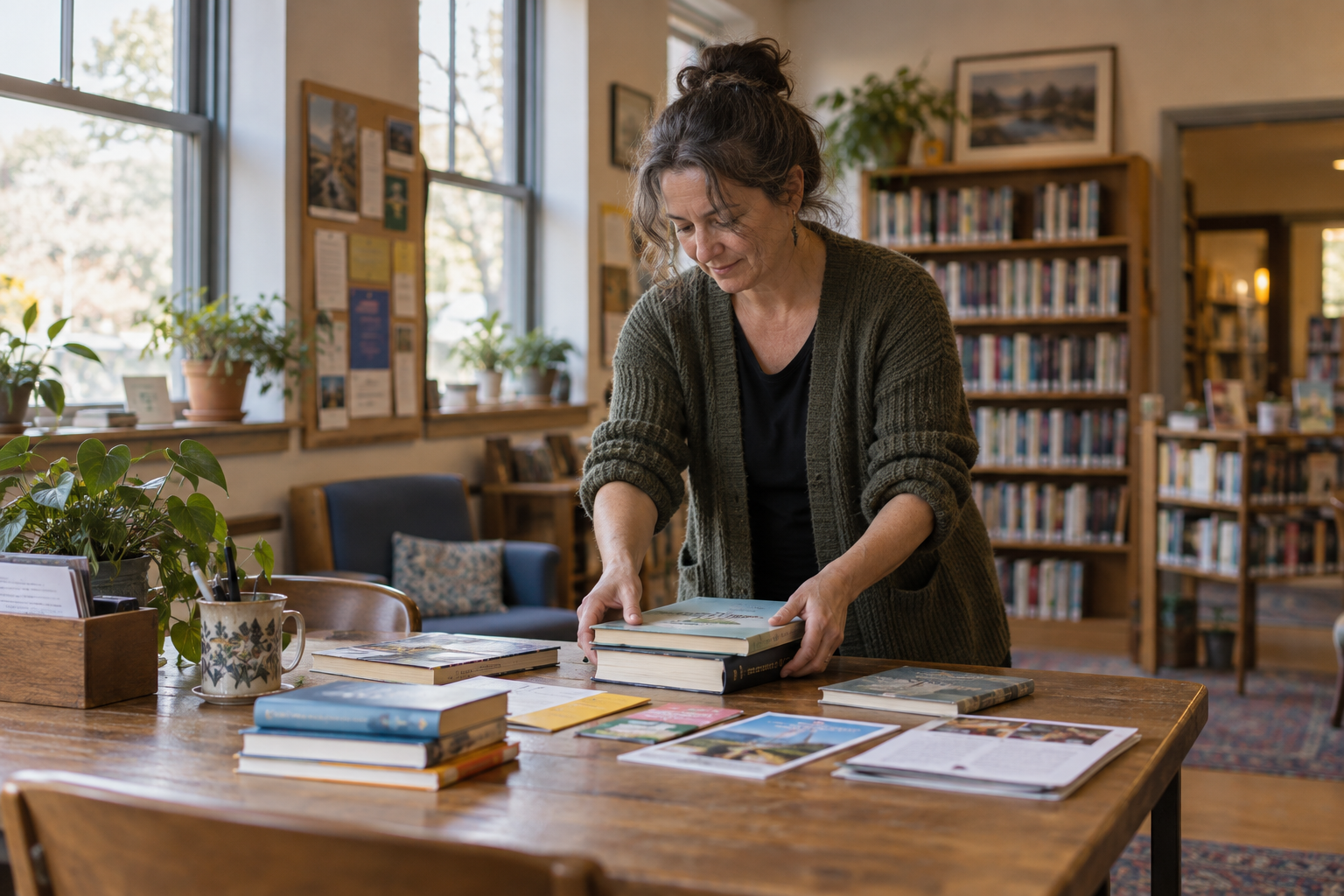 ws-fnd-02-featured An adult considers books at a public library table.