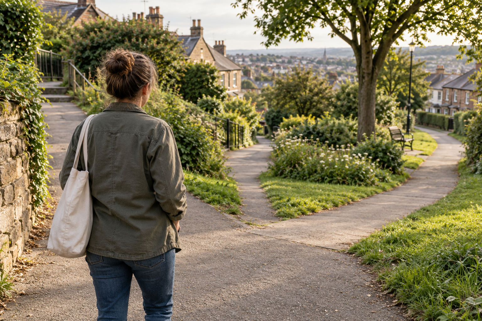 ws-fnd-04-featured An adult with a canvas bag pauses where neighborhood paths meet.