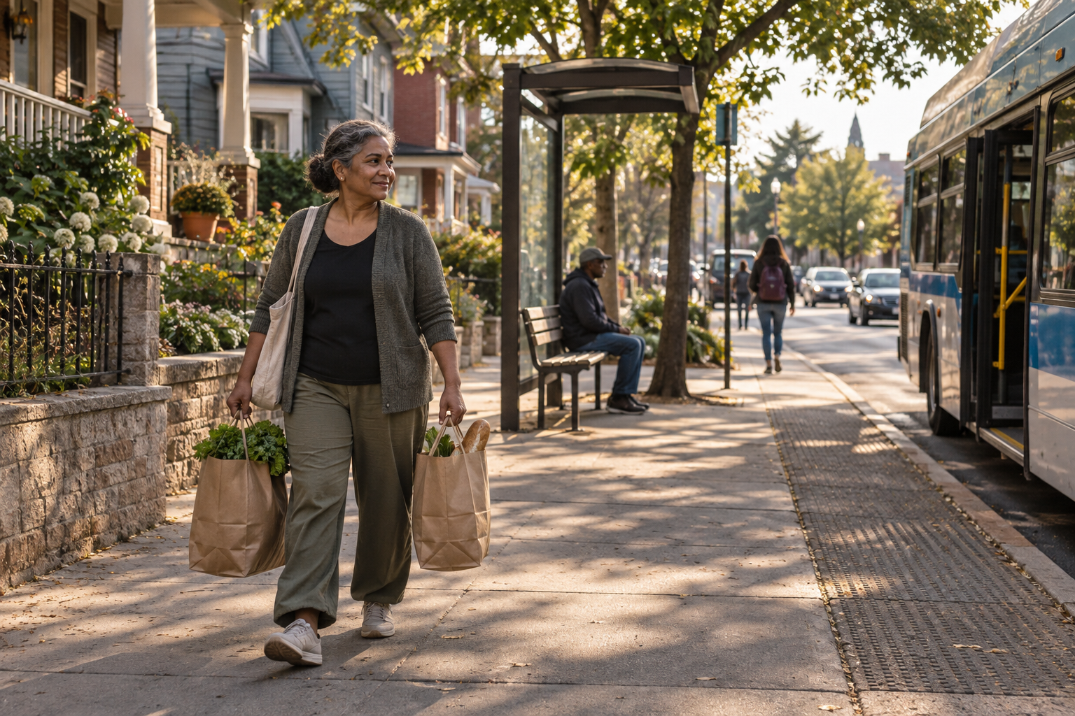 An adult carries groceries along a shaded street beside a bus stop.