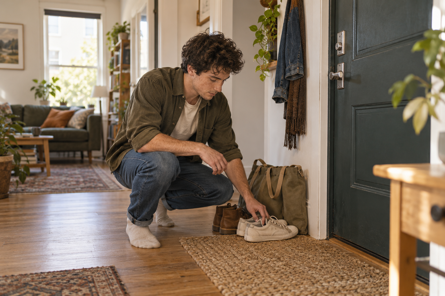 ws-hab-04-featured An adult arranges shoes and a canvas bag near the front door.