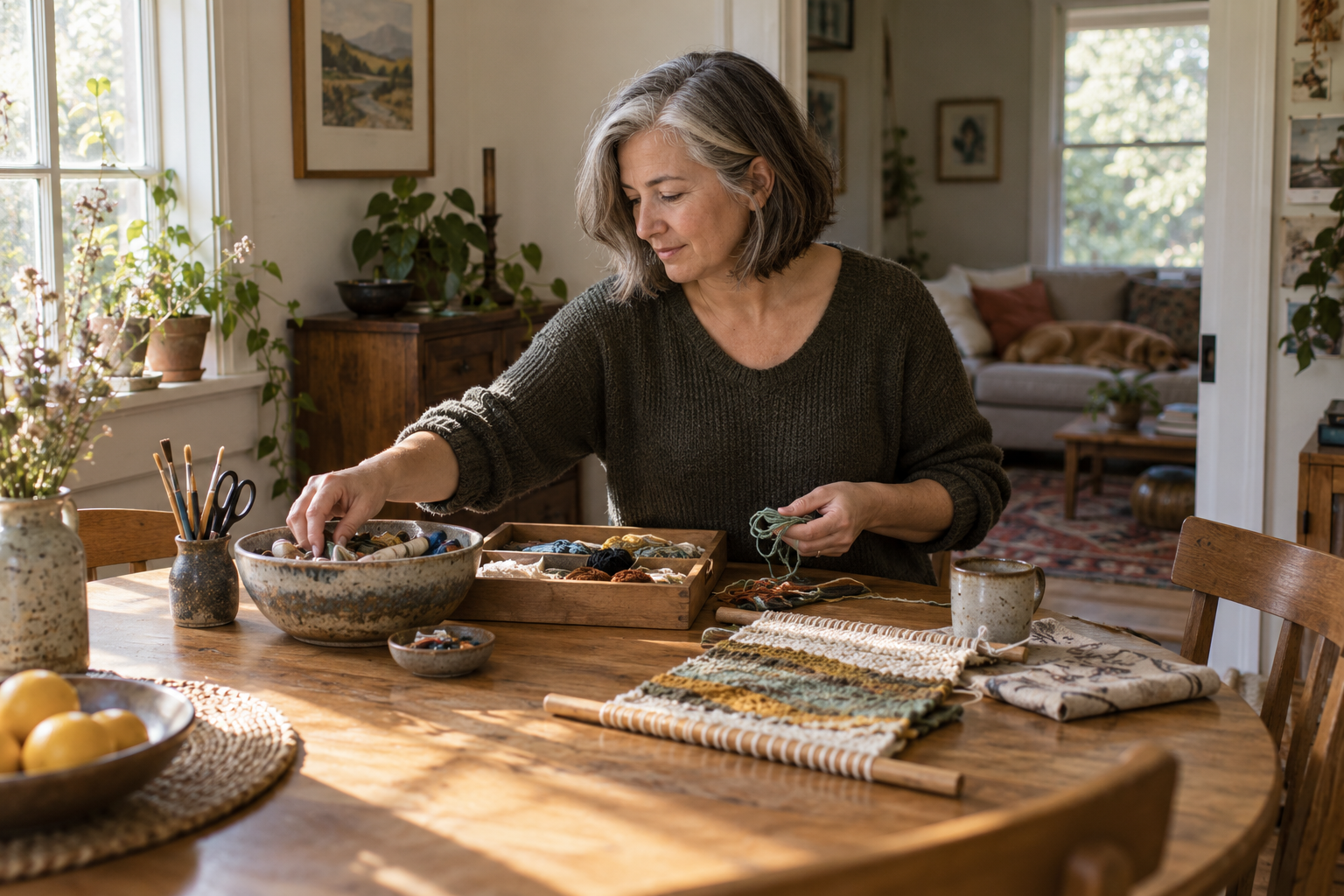 ws-hab-05-featured An adult sorts art materials beside an unfinished weaving.