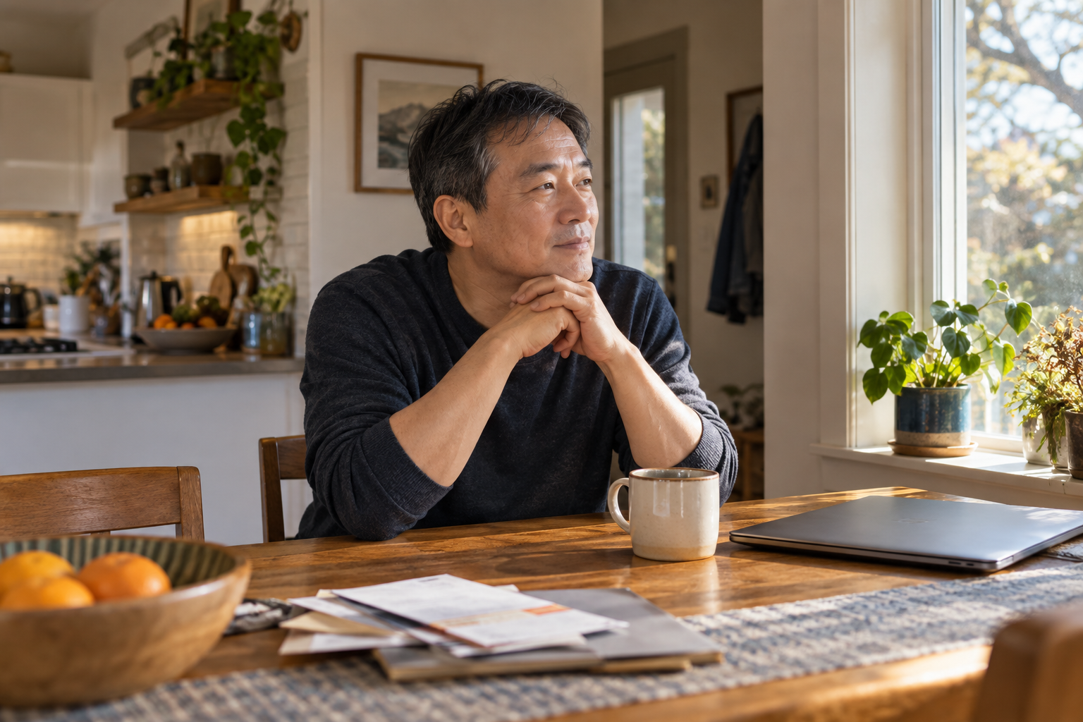 ws-mnd-01-featured An adult pauses at a kitchen table beside a closed laptop and mail.