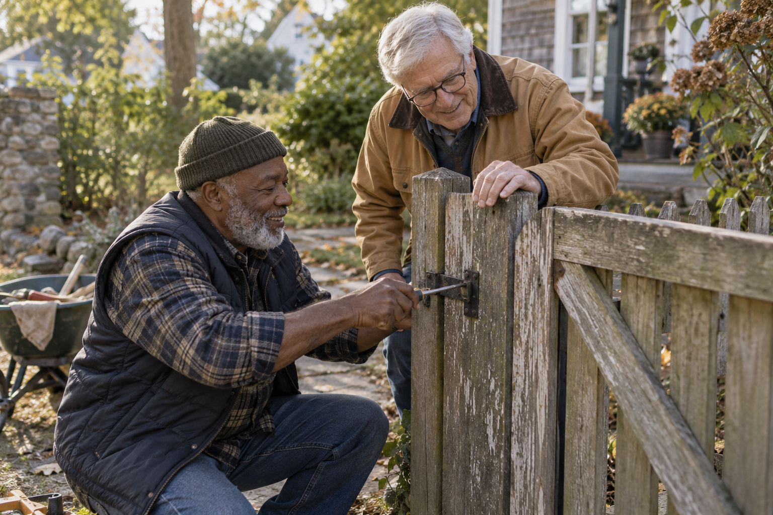 Two older friends work together to repair a garden gate.