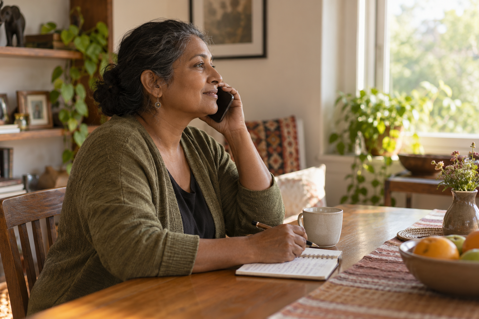 An adult makes a phone call at home with a notebook nearby.