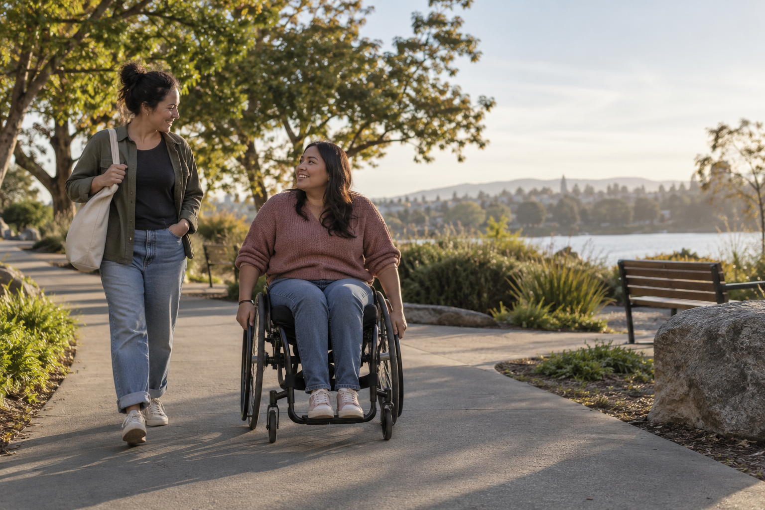 ws-mov-01-featured Two adults travel along an accessible park path, one walking and one wheeling.