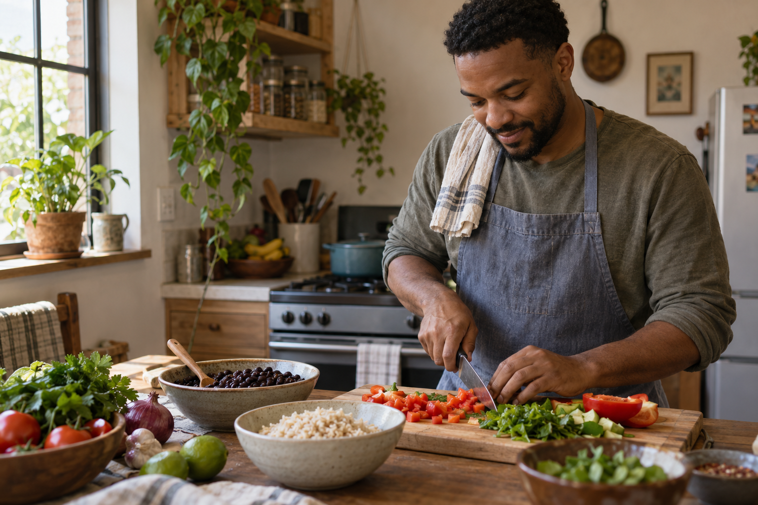 ws-nut-01-featured An adult prepares an everyday meal using vegetables, beans and rice.