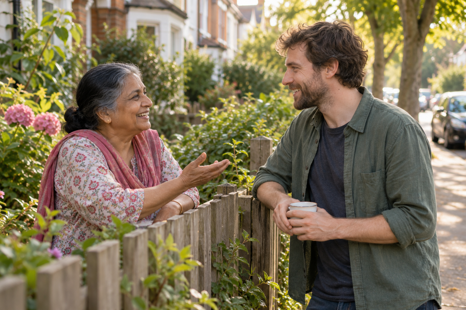 Two neighbors talk across a garden fence.