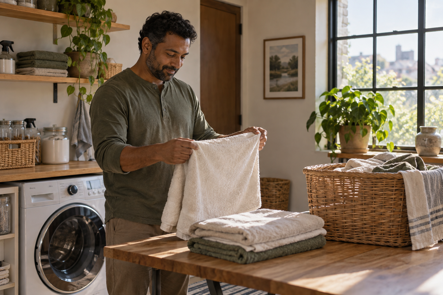 An adult folds a clean towel in a laundry area.