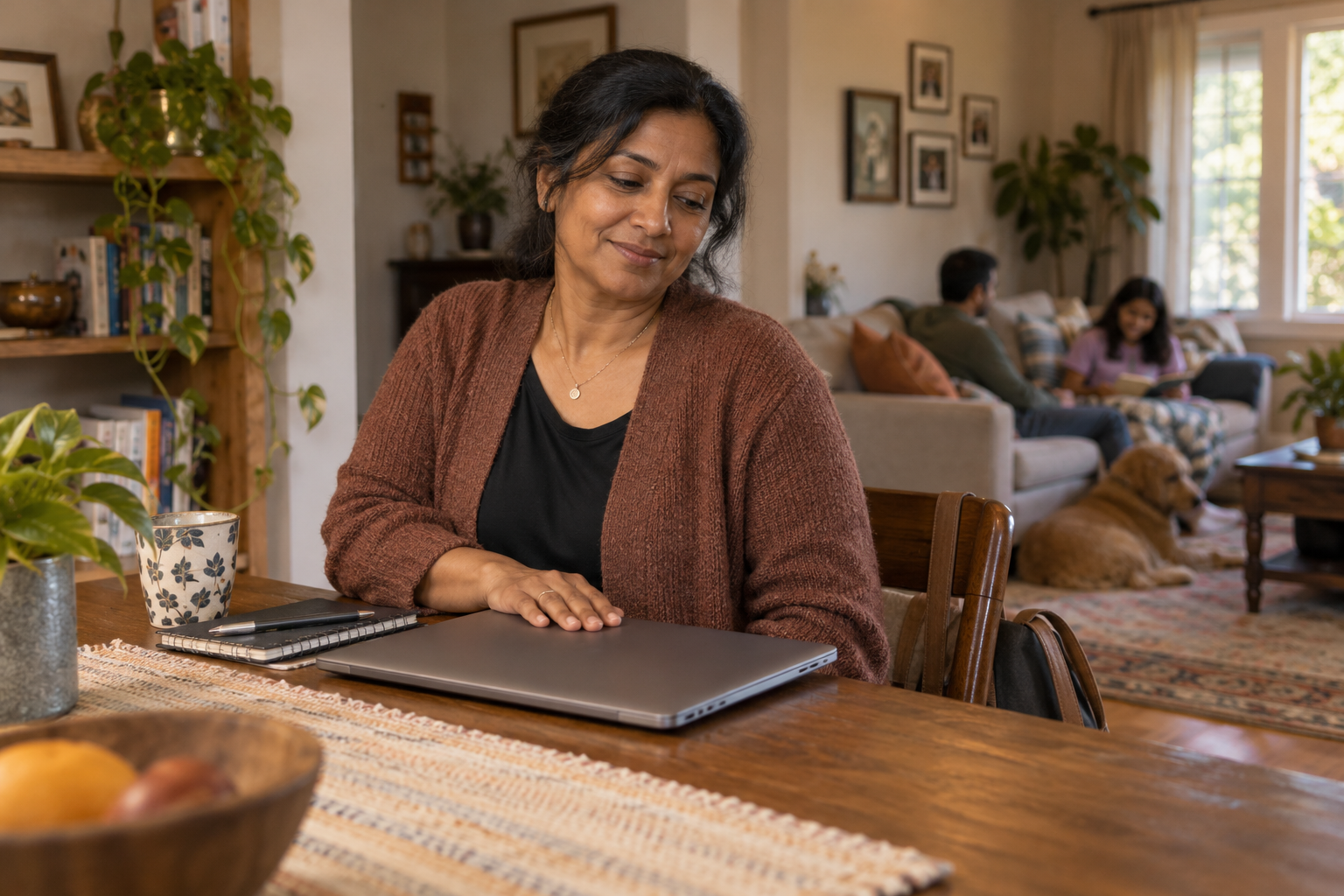 An adult rests a hand on a closed laptop in a shared home.