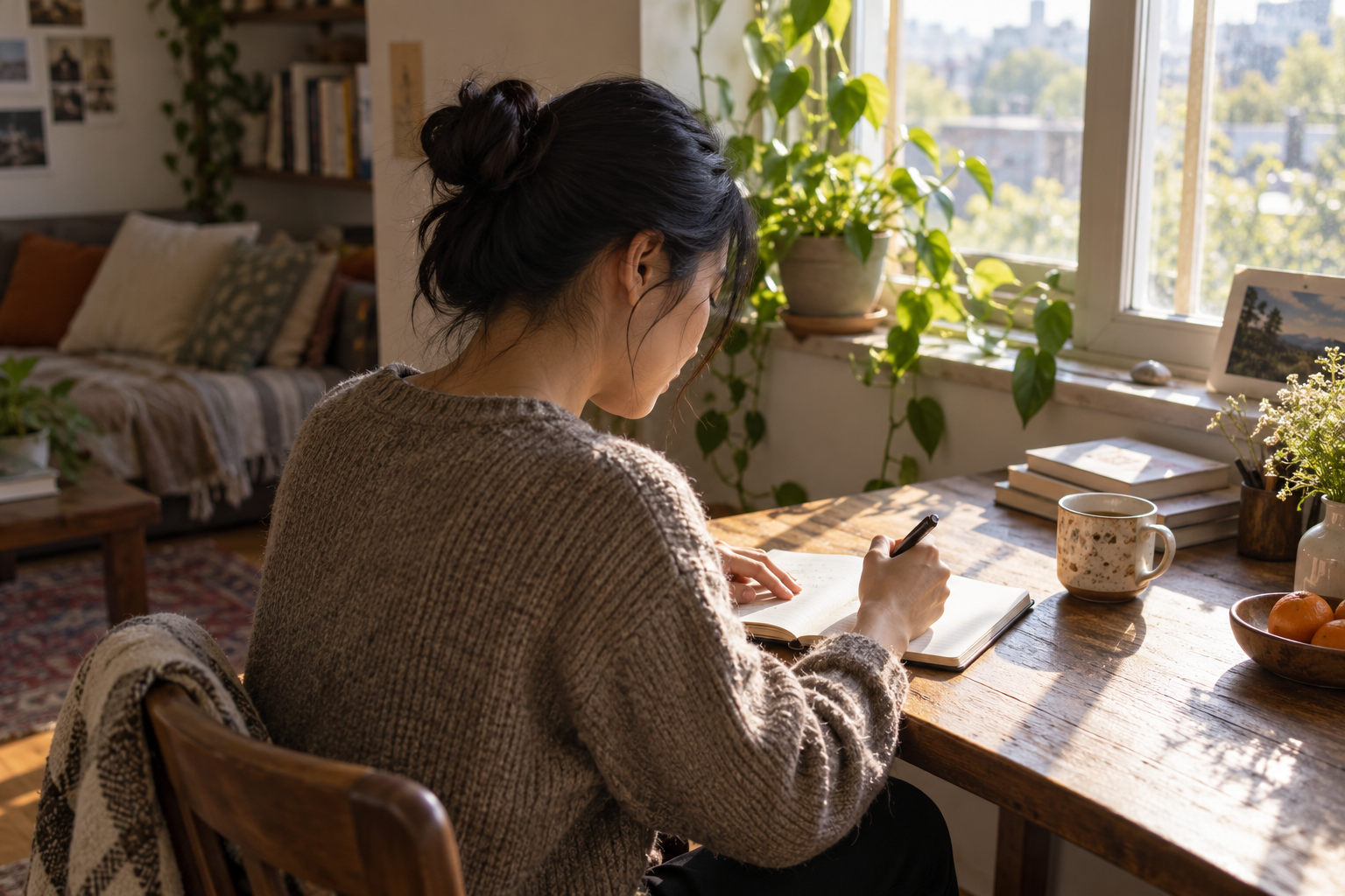 ws-scr-03-featured An adult writes in a notebook beside a sunny window.