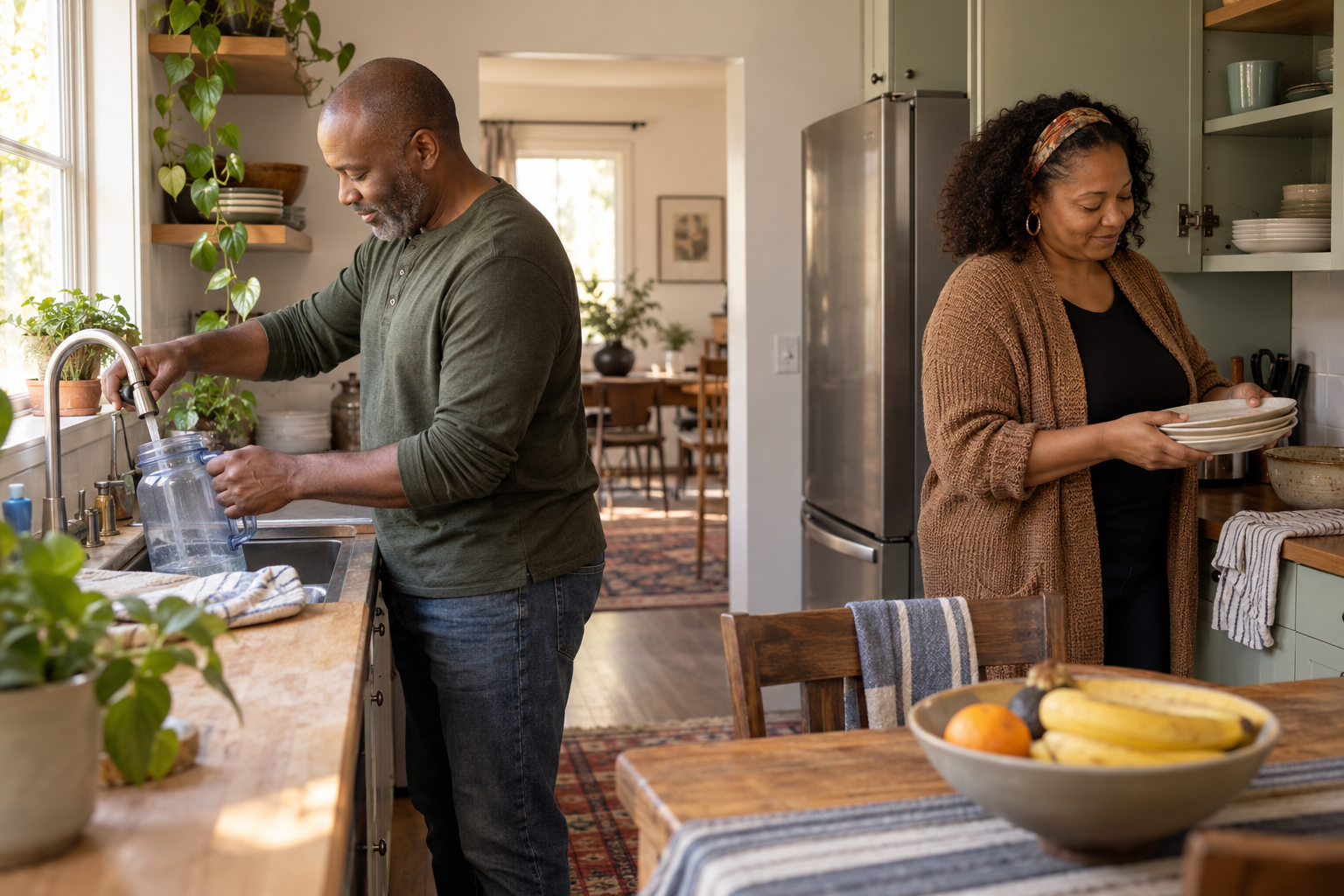 Two adults share kitchen tasks, filling a jug and putting away dishes.
