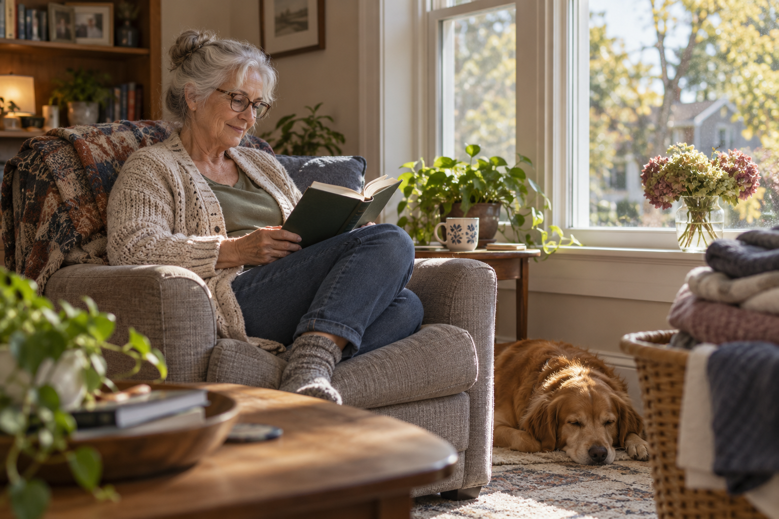 ws-scr-05-featured An older adult reads by a living-room window with a dog nearby.