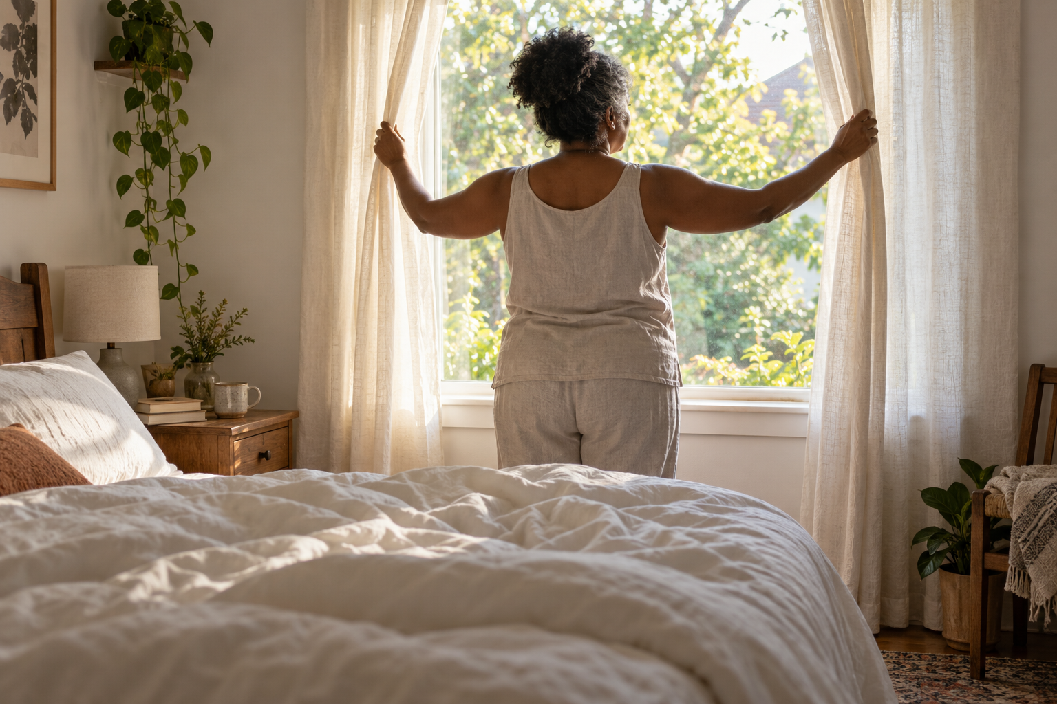 ws-slp-01-featured An adult opens bedroom curtains in soft morning light.