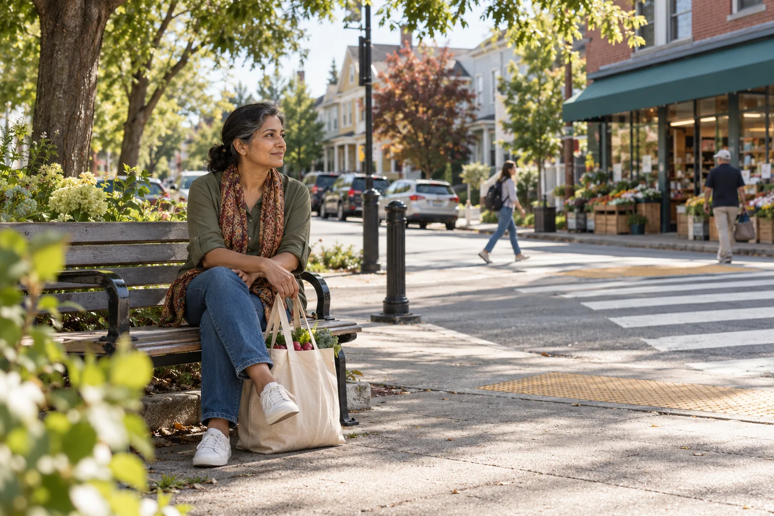 An adult pauses on a shaded neighborhood bench with a bag of groceries.