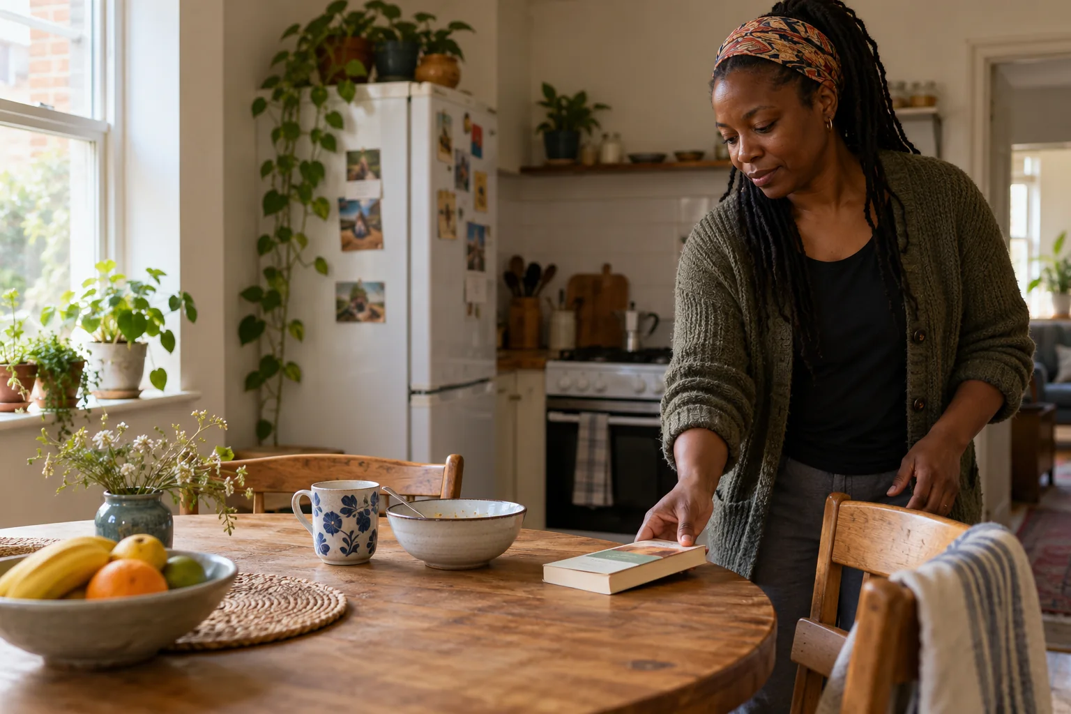 ws-w1-hab-01-article-feature-3×2-candidate An adult places a book beside breakfast on a kitchen table.