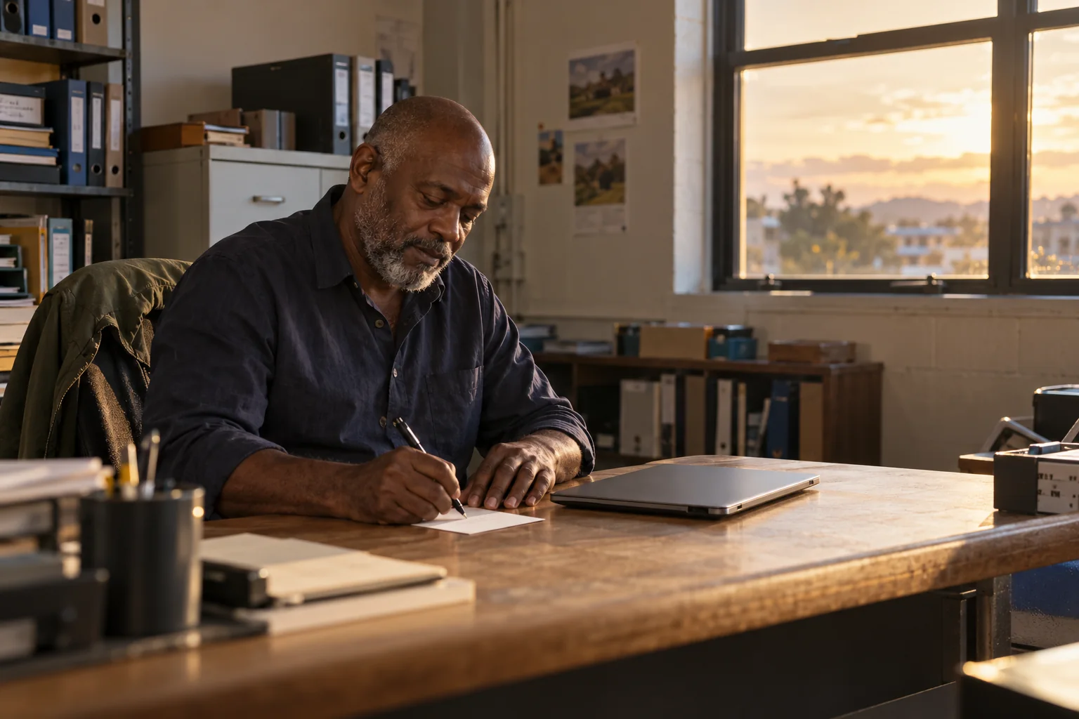 An older adult writes a short note beside a closed laptop.
